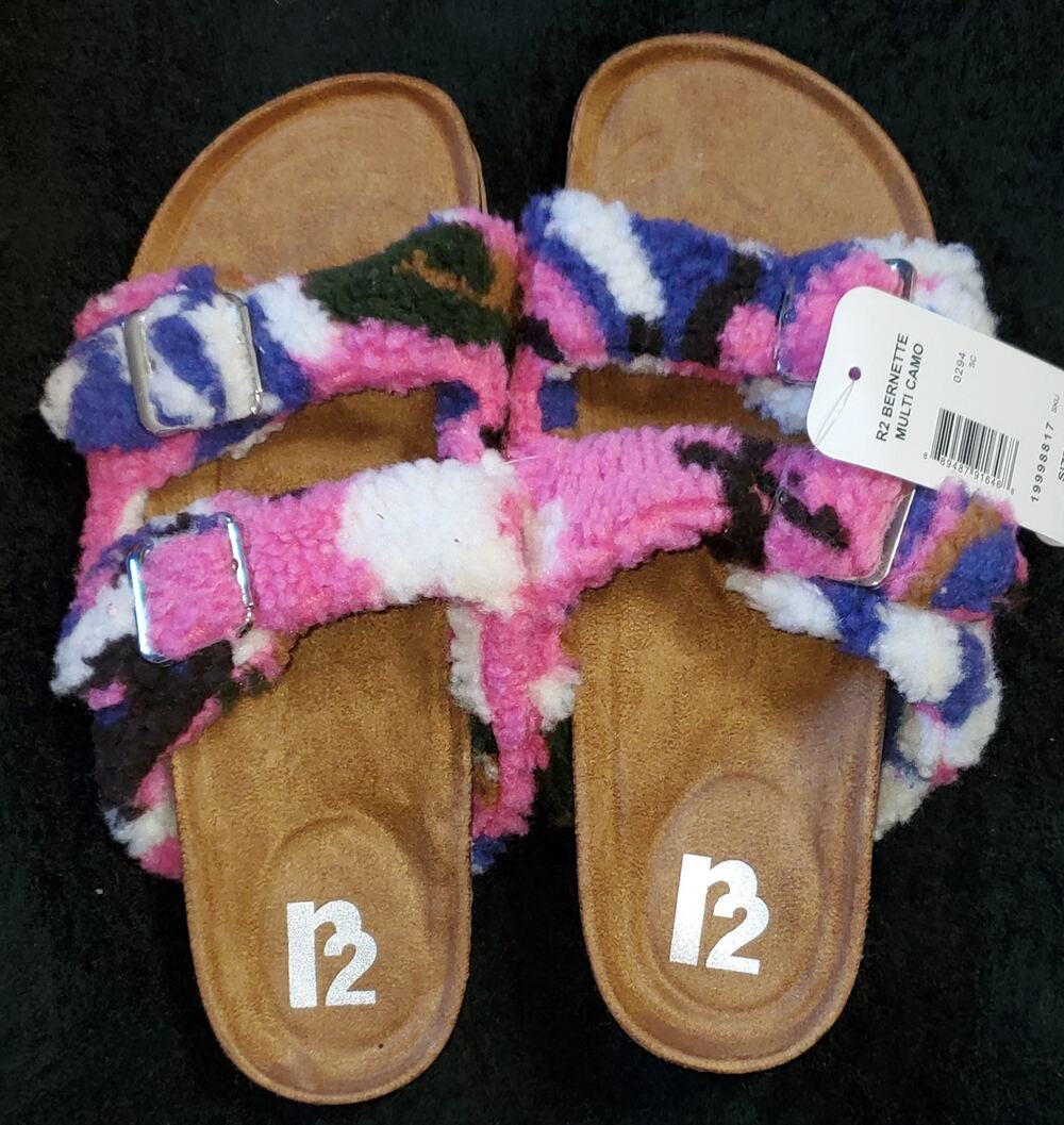 R2 Bernette Multi Color Fuzzy Slip On Sherpa Strap Faux Suede Camo Sandals 8 New